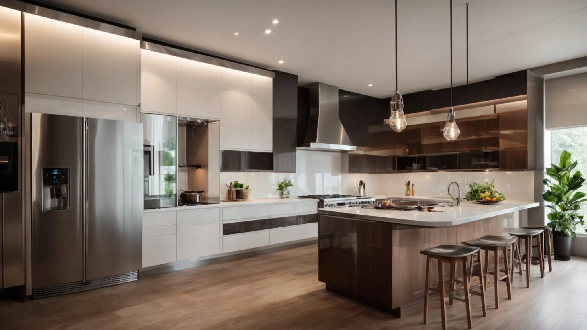 a renovated, modern kitchen gleams with stainless steel appliances and sleek countertops under soft, inviting lighting.