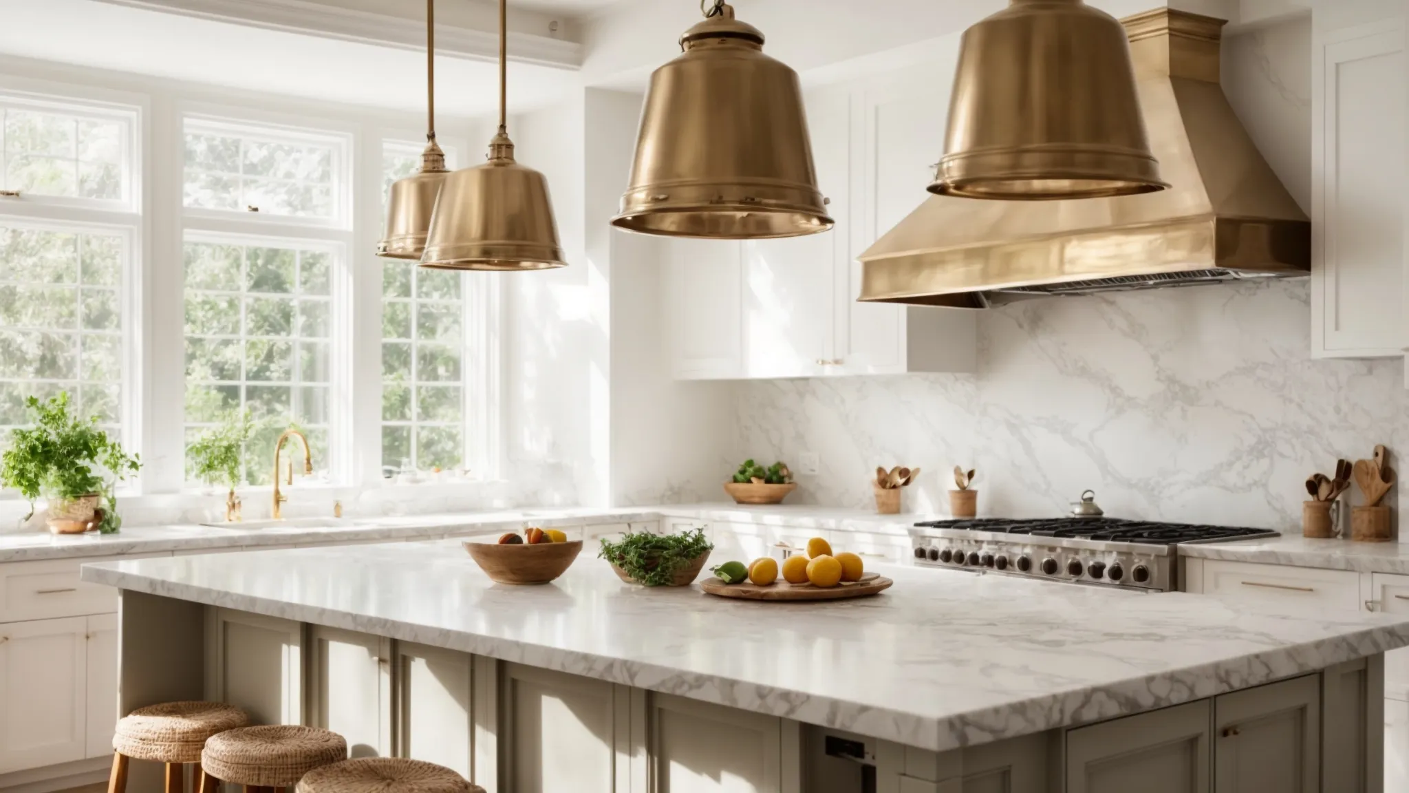 a newly renovated, bright kitchen with an island at the center, illuminated by elegant pendant lights.