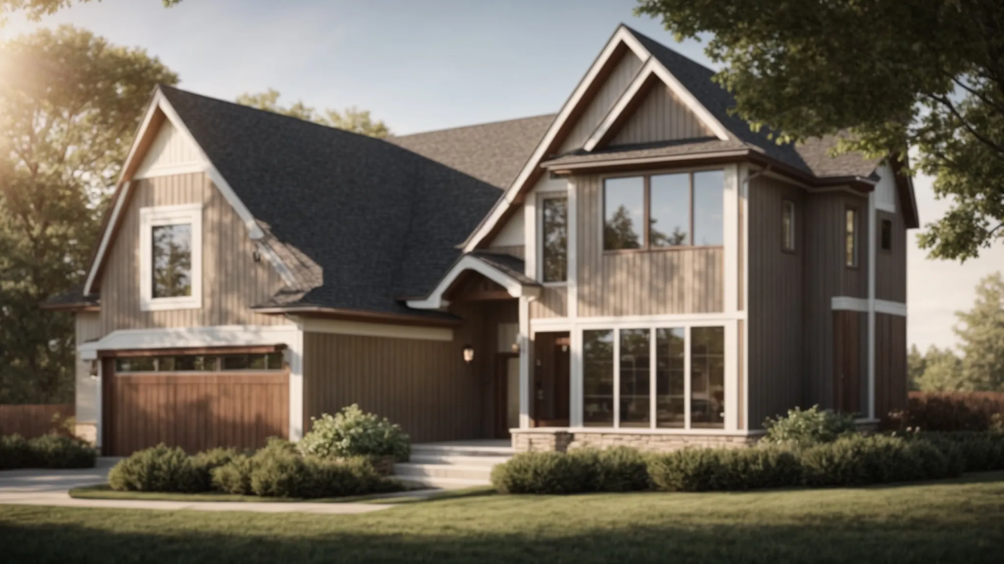 a broad, sunlit view of a newly renovated, spacious home in lee's summit, its modern façade gleaming amidst a landscape of mature trees and freshly laid lawns.